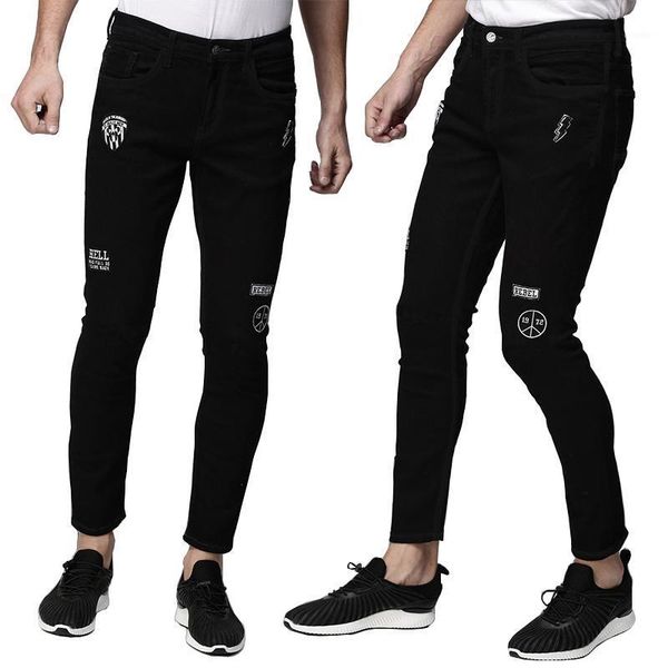 

men's jeans men black skinny jogger slim denim pattern letter design printed biker stretch small feet washed cowboy pants, Blue