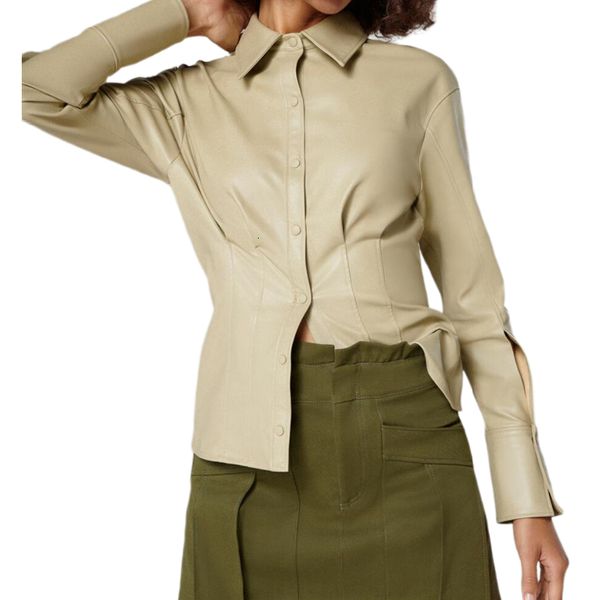 

2021 new autumn spring pu faux leather shirt blouse women casual buttons black shirts female long sleeve blusas odj2, White;black