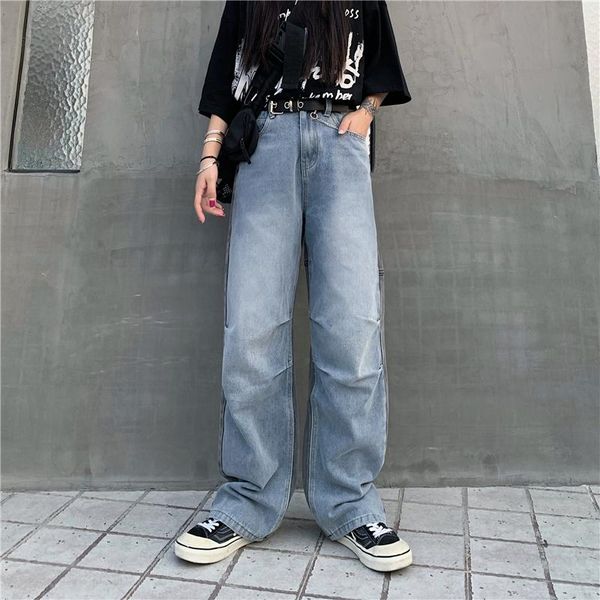 

women's jeans hit color patchwork women jean pants 2021 korean thin high waist causal demin ankle wide leg trousers pant, Blue