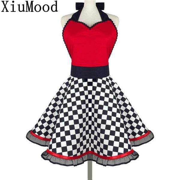 

xiumood apron home cleaning kitchen l restaurant waiter maid cotton black and white plaid chiffon lace aprons for women