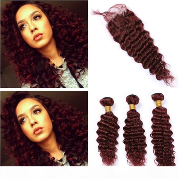 

burgundy red human hair lace closure with bundles peruvian deep wave 99j wine red virgin hair weave bundles with closure deep wave curly, Black;brown