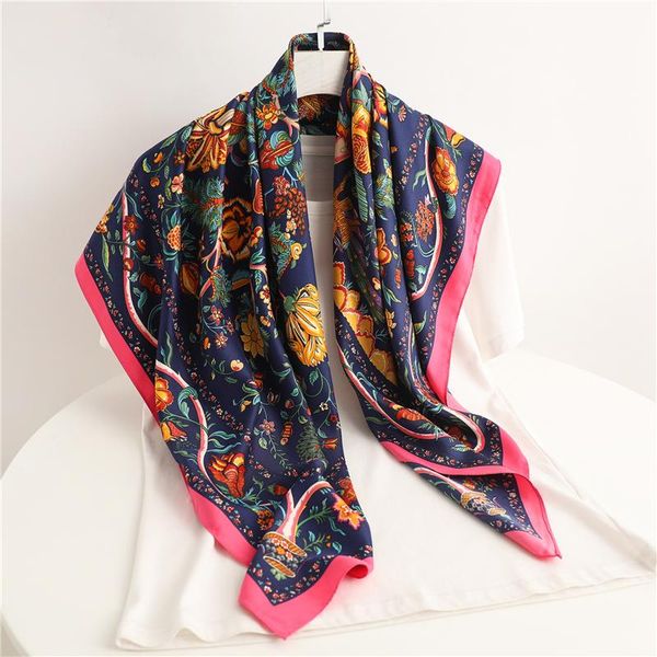 

scarves twill silk scarf women square fashion headband foulard female hijab summer design printed neckerchief bandana shawl wrap, Blue;gray
