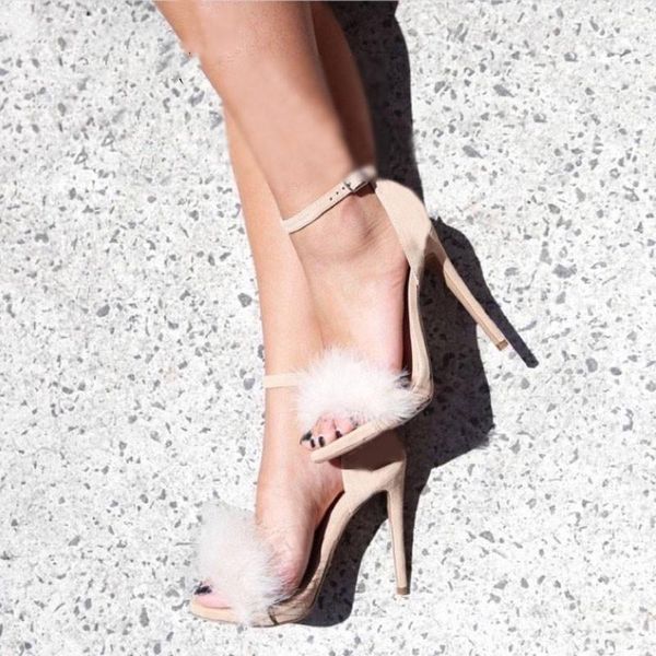 

fur high heels sandals women ankle strap thin-heeled women summer shoes woman ladies pumps sandals plus size 35-43 xkd4133, Black