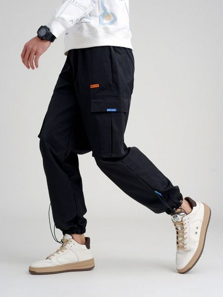 

men flap pocket side drawstring hem cargo pants p88x#, Black