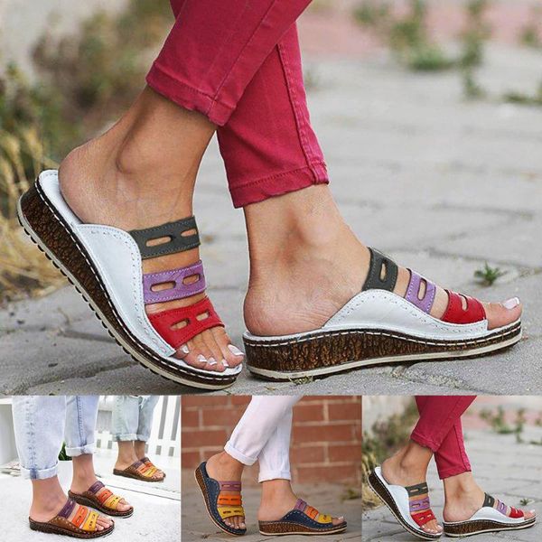 

slippers women summer ladies fashion mixed color slip on wedges sandals casual slipper comfort beach shoes female, Black
