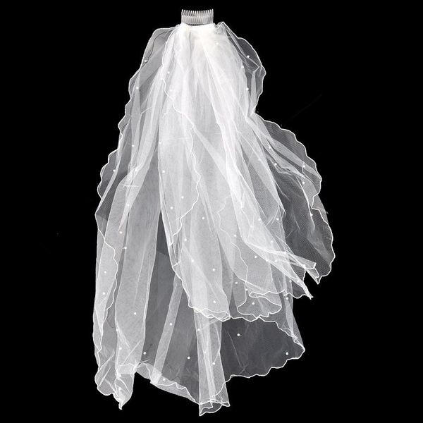 

bridal veils 1m long double layer pearls beaded wedding veil mantilla with comb (beige), Black
