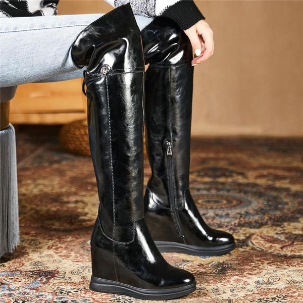 

boots women genuine leather wedges high heel over the knee motorcycle female thigh platform pumps shoes casual, Black
