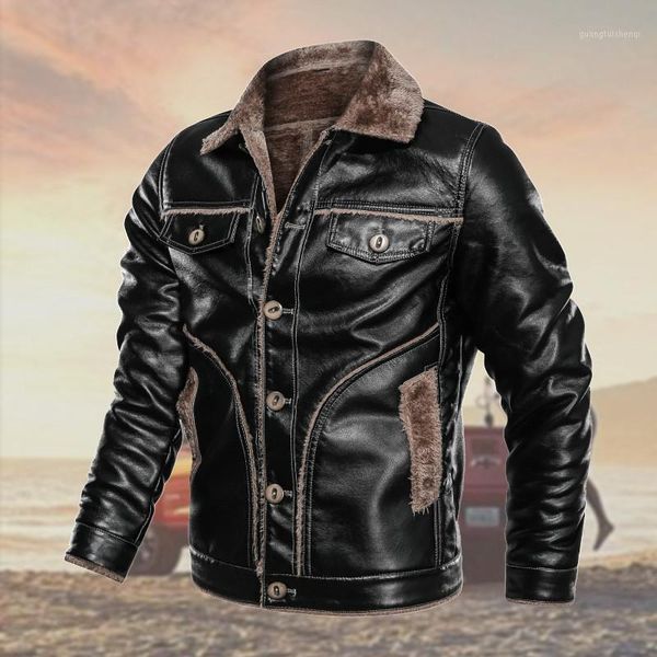 

leather casual thick fur jacket men 8xl collar men's jackets winter motorcycle thermal male down coats pu & faux, Black