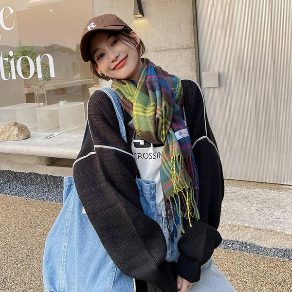 

scarves plaid long scarf winter warm cashmere women pashmina foulard bandana female luxury hijab tassel shawl wraps 2021 pareo, Blue;gray