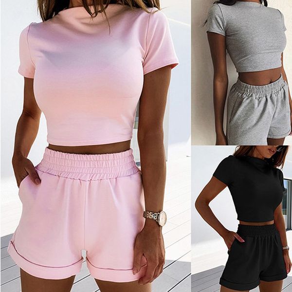 

2021 new summer two piece female casual o neck short sleeve crop +elastic high waist shorts women solid slim matching set outfits 8fs3, Gray