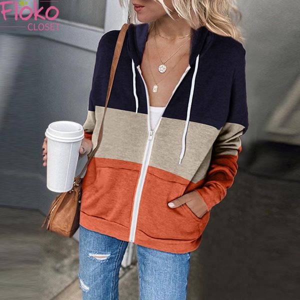 

women's jackets flokocloset long sleeve contrast color hoodies coat women zipper pocket oversized hooded sweatshirt cardigan jacket, Black;brown