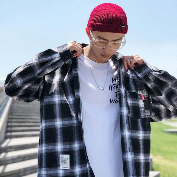 

men's casual shirts autumn black and white plaid shirt loose fat plus size long sleeve trend, White;black