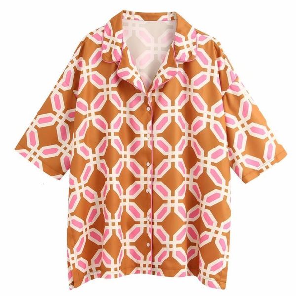 

fashion women geometric printing tailored collar pajama shirt 2021 new casual lady three quarter sleeve blouse loose s6992, White