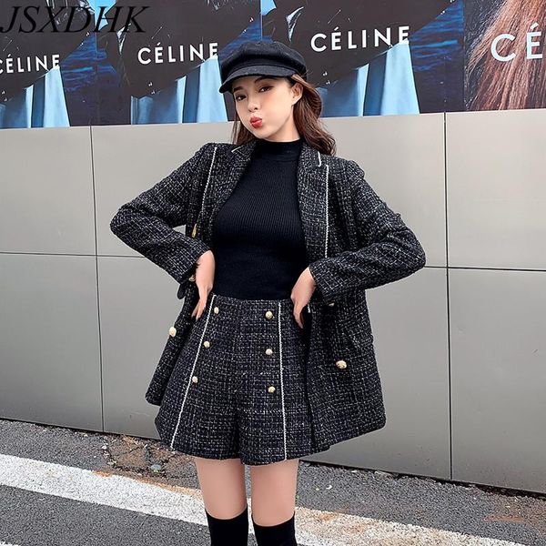 

women's tracksuits jsxdhk women tweed plaid two piece set autumn winter bright silk double-breasted blazer jacket + woolen wide leg sho, Gray