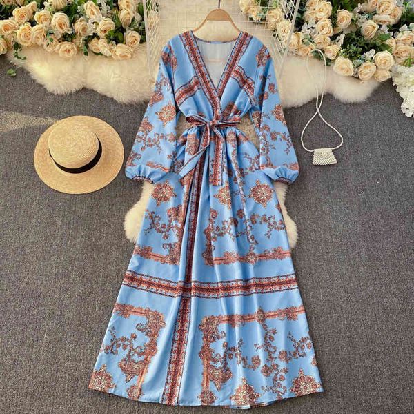 

casual dresses long-dress singreiny with retro print, maxi dress, autumn, turtleneck v, puffing sleeve, lace, korean style, urban fashion c4, Black;gray