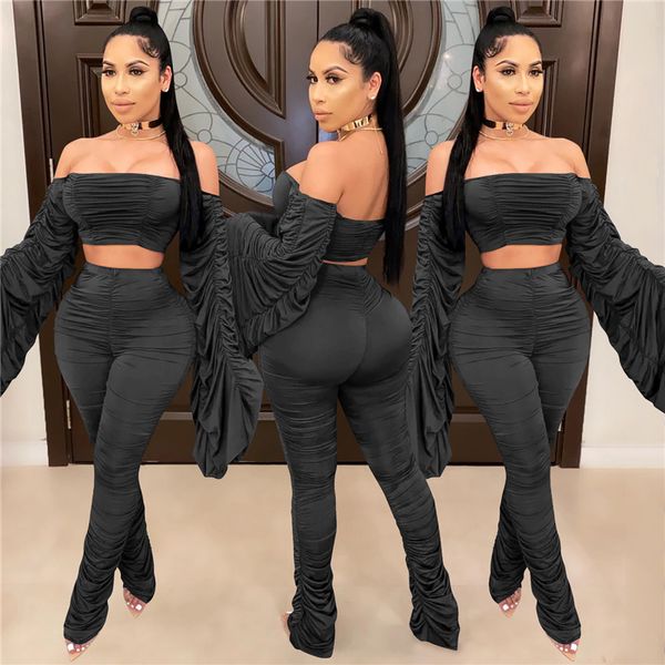 

charming women solid pleated two piece sets 2020 autumn latest lady slash neck flared sleeve crop stacked pant sets, White