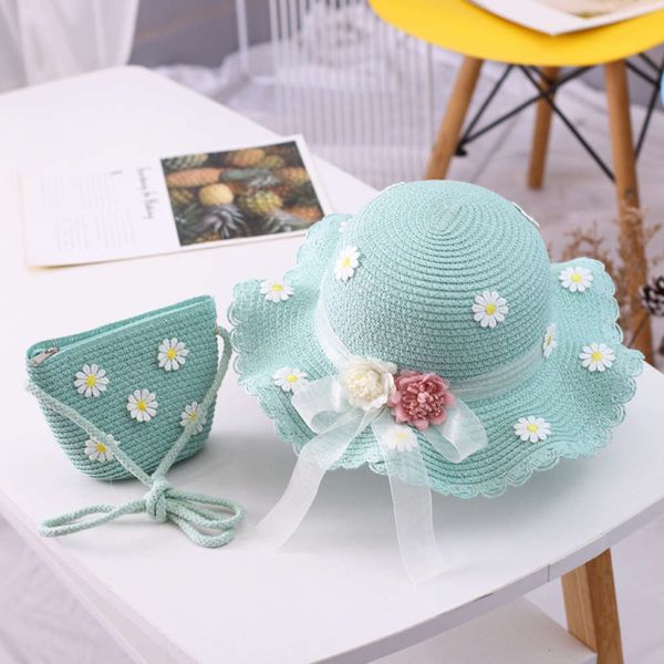 

girls straw hat summer ribbon flower sun fisherman's parent child bag set, Yellow