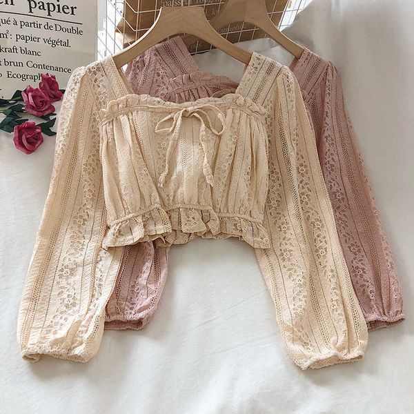 

square collar lace up bow design blouse autumn spring solid puff long sleeve blusas slim pleated shirt 210601, White