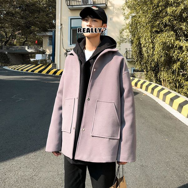 

2021 short men's fashion solid color casual retro men autumn winter woolen coat mens overcoat c0gr, Black