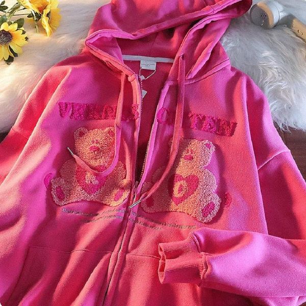 

women's hoodies & sweatshirts pink bear goth oversized plus velvet sweatshirt kpop harajuku vintage zipper long-sleeved hoodie y2k swee, Black