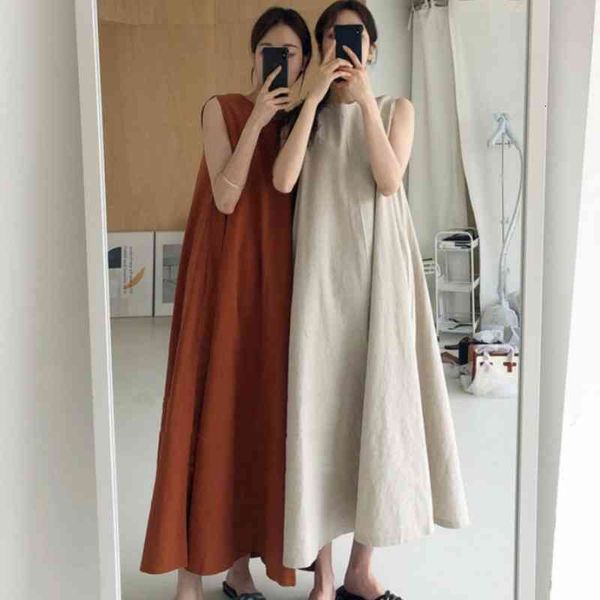

casual dresses [ewq] summer chic loose swing sleeveless mid-length cotton linen long high waist women runway y0om, Black;gray