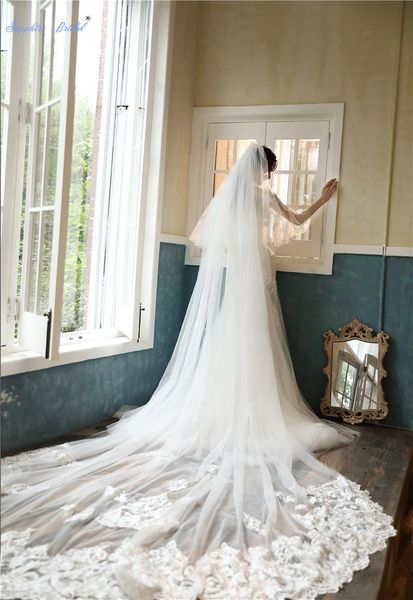 

sapphire bridal wedding accessories 3m lace edge wedding veil long with blush velo de novia 2 layers cathedral bridal veil