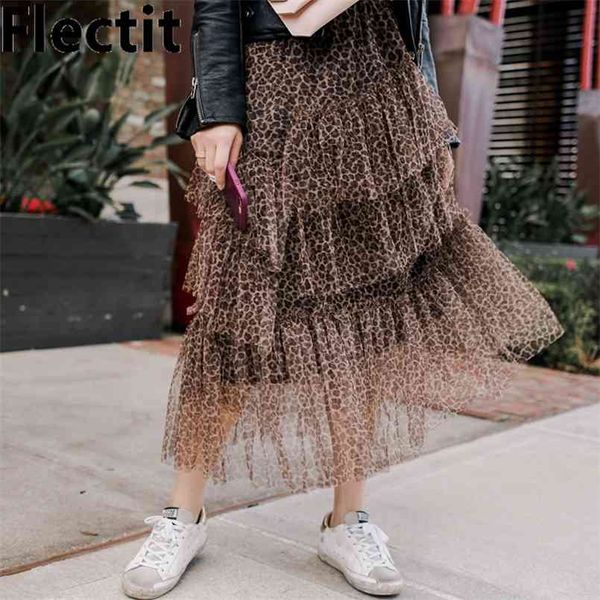 Flectit Gonna in tulle leopardato Donna Autunno Inverno Asimmetrico a strati Ruffle Mesh Midi Stile vintage * 210708