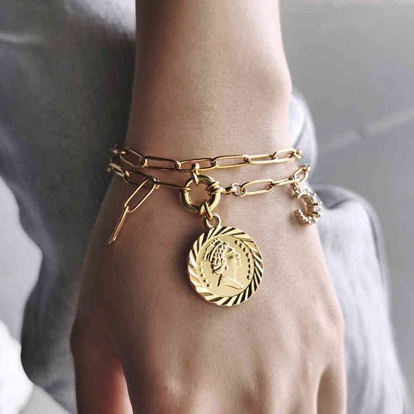 Charms Donna Doppio strato color oro Graffetta CZ Moon Round Elizabeth Queen Bracciale a catena LDB308