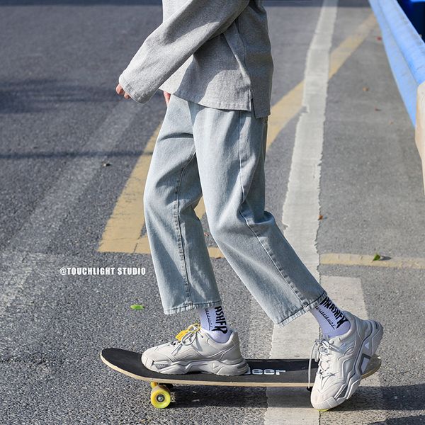 

washed bleached straight leg denim jeans homme 3xl plus size casual baggy pants streetwear high waist loose mens jeans 9g8b, Blue