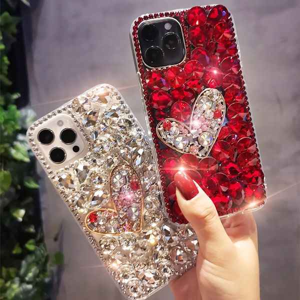 Custodie di lusso 3D Bling Glitter con diamanti pieni Cute Heart Crystal Sparkle Custodia protettiva antiurto per iPhone 13 12 11 Pro MAX 8 Samsung S20 FE S21 Ultra A12 A42 5G