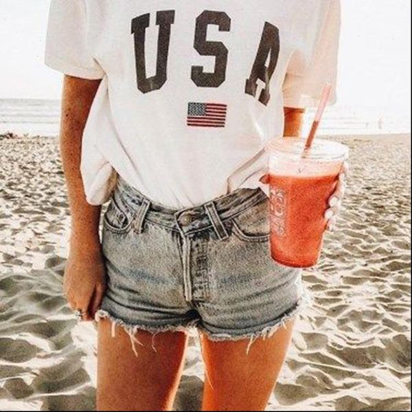 

harajuku summer usa letter print summer loose short women fun ins chic loose streetwear vintage casual women t shirt, White