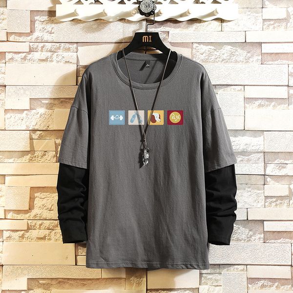 

2021 new autumn spring black patchwork tshirt tees classic style brand fashion clothes oversize 5xl o neck long sleeve t shirt men's lm, White;black