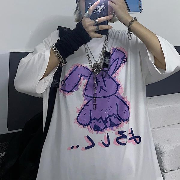 

gothic punk summer loose vintage women t shirt ulzzang street harajuku cartoon print short sleeve dropshipping clothes plus size, White