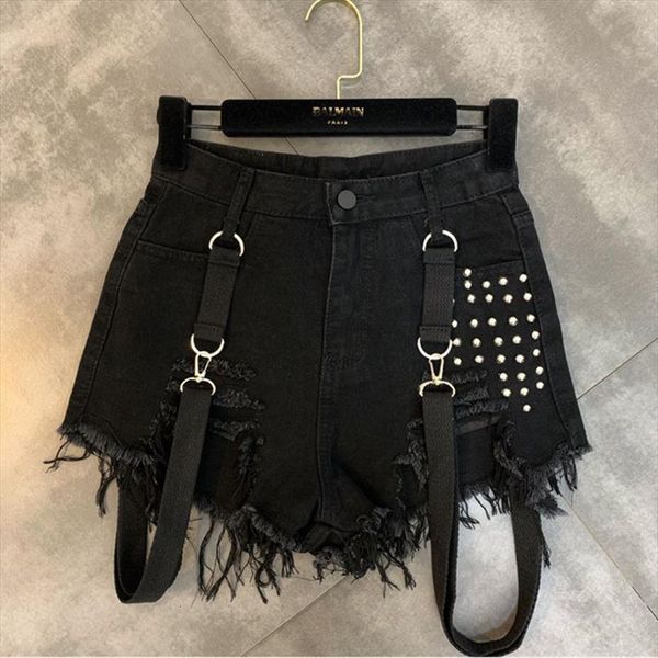 

summer autumn beading shoulder strap womens short trend black denim high waist hole tassel streetwear f727, White;black