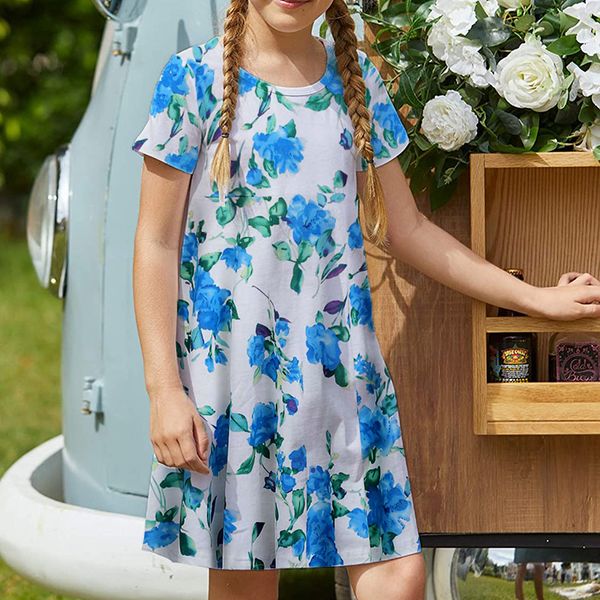 

blue floral girl dress short sleeve printed dress children casual dress a-line skirt length over the knee simple, elegant and colorful 5-15, Red;yellow