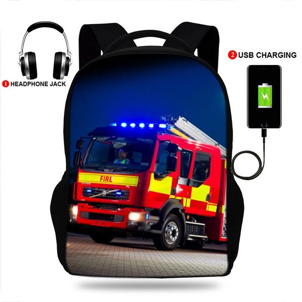 

backpack 17inch firetruck print usb charge school bags students rucksack for teenager boys&girls gifts