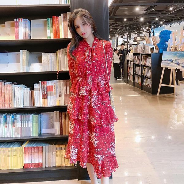 

casual dresses elegant spring ruffle long floral sweet korean fashion flare sleeve dress high street chiffon, Black;gray