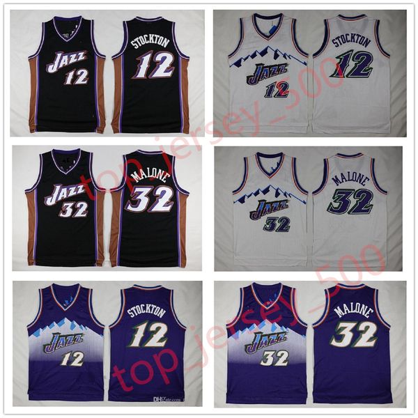 

mens vintage 1996-97 basketball jerseys 12 john stockton 32 karl malone snow mountain purple white stitched shirts, Black;red