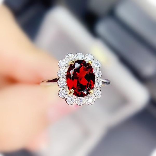 

cluster rings natural real red garnet ring per jewelry 925 sterling silver 8*10mm 2.8ct gemstone fine for men or women j213311, Golden;silver