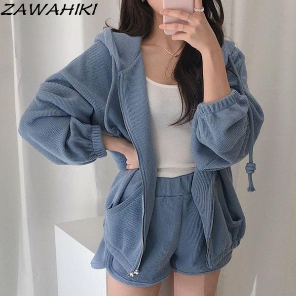 

women's tracksuits zawahiki autumn simple all-match hoodies puff sleeve zipper sweatshirt solid casual high waist short pants two piece, Gray