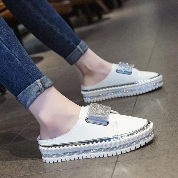 

slippers med shoes glitter slides flat slipers women cover toe fashion jelly 2021 luxury hook & loop spring basic pu crystal, Black