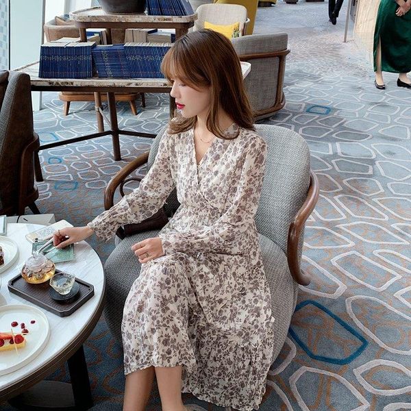 

casual dresses dress for women 2021 spring elegant korean print long chiffon robe v neck lace up maxi female, Black;gray