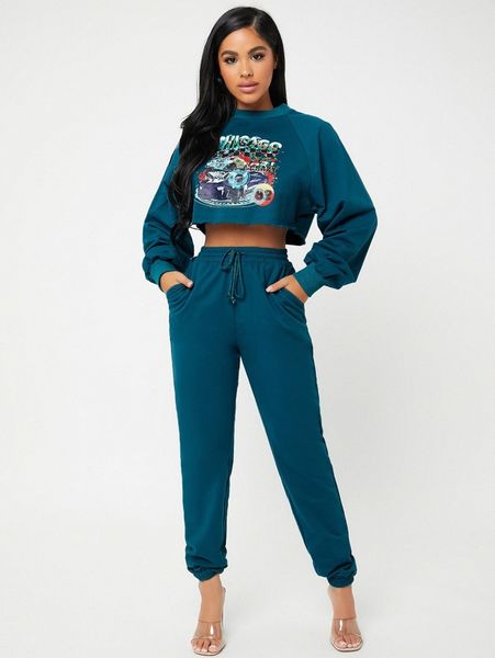 

sxy car print pullover & drawstring waist sweatpants v3lw#, White