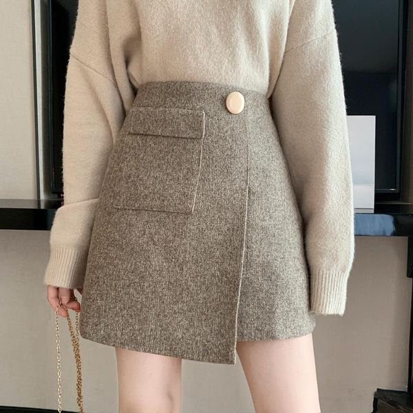 

skirts woolen autumn winter women's short temperament hip high waist thickened outer, Black