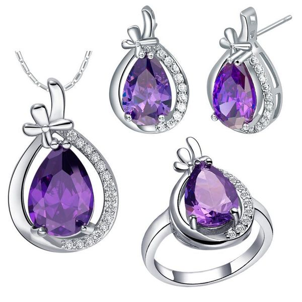 

earrings & necklace luxury brands women jewelry sets white gold purple water drop crystal for wedding/anniversary selling giftst460-6#, Silver