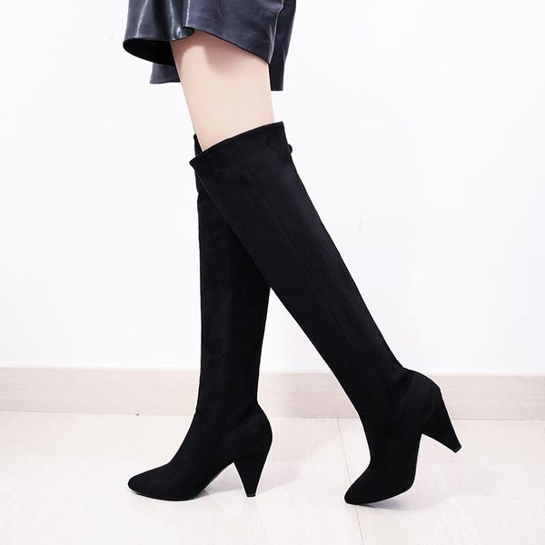 

boots 2021 women winter warm suede thigh high long fashion 8cm spike heels stretch fabric over the knee party shoes, Black