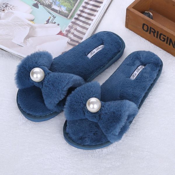 

new winter fur sandals women shoes designer butterfly-knot pearl slides woman pantoufle home slippers famous brand fur slippers, Black