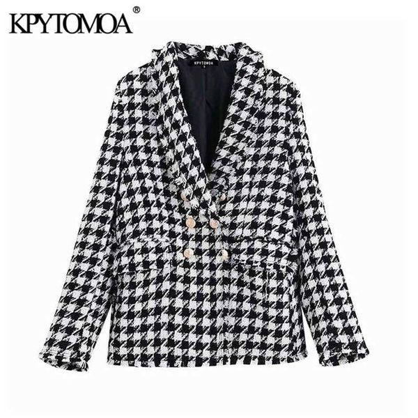 

kpytomoa women fashion double breasted houndstooth tweed blazers coat vintage long sleeve frayed trim female outerwear chic 211222, White;black