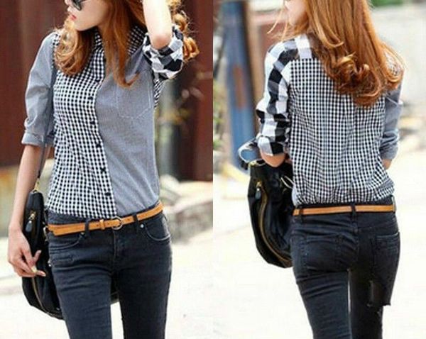 

women lady summer plaid shirt long sleeve lapel blouse slim fit casual fashion plaid loose lady button blouse, White