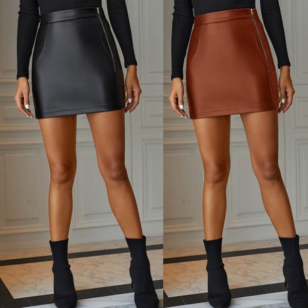 

skirts fashion pu leather women zipper solid high waist slim skirt casual vintage a-line female mini streetwear, Black